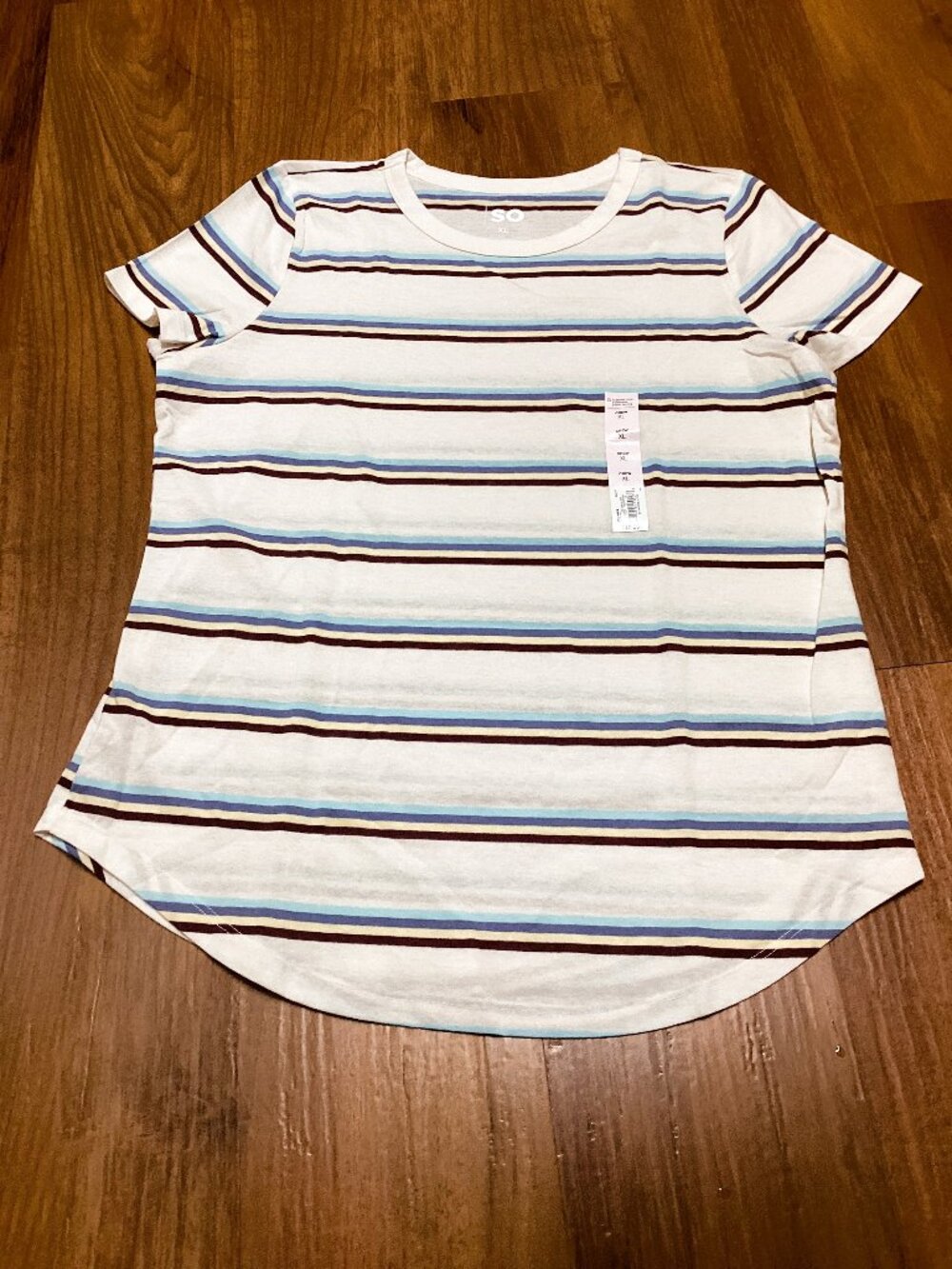 Kohl's Woman's Size XL White with Tan, Blues & Maroon Stripes Crew Neck T-Shirt